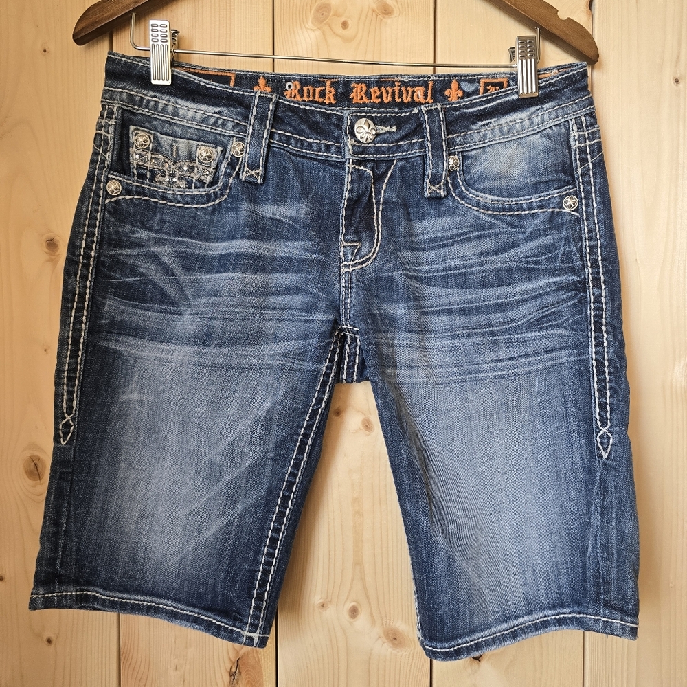 Rock Revival Sherry Bermuda Jean Shorts Thick Stitch Denim Womens Size 29